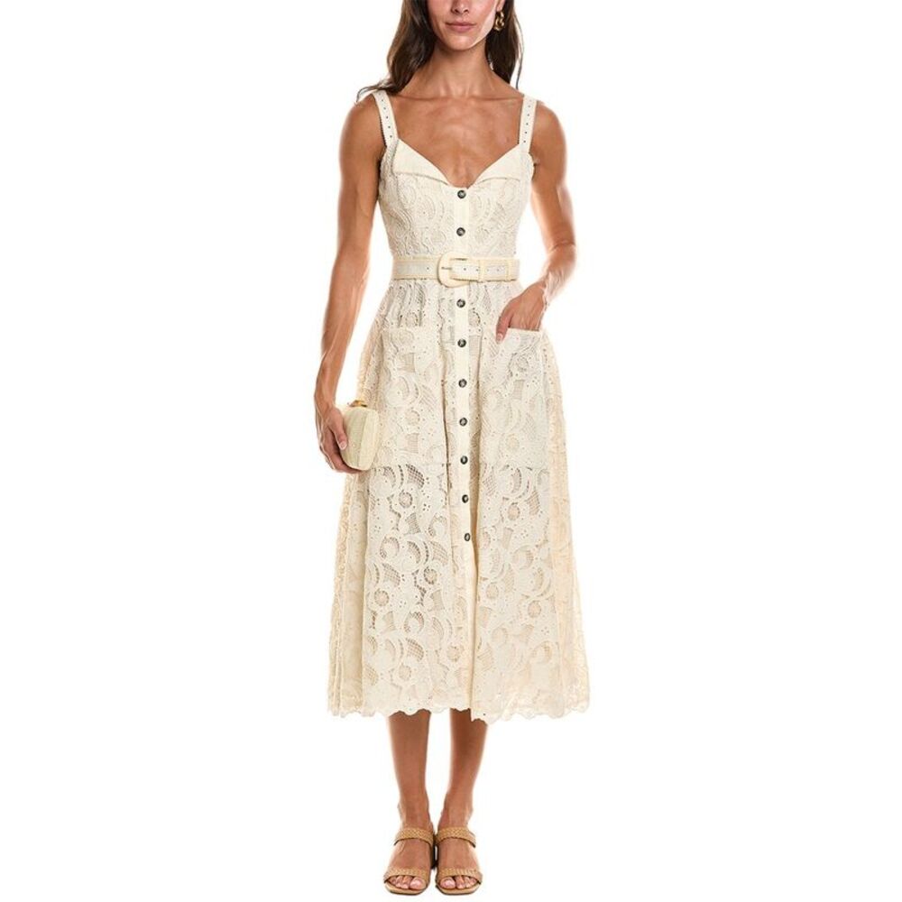 Saloni Womens  Fara Paisley Broderie Midi Dress, White